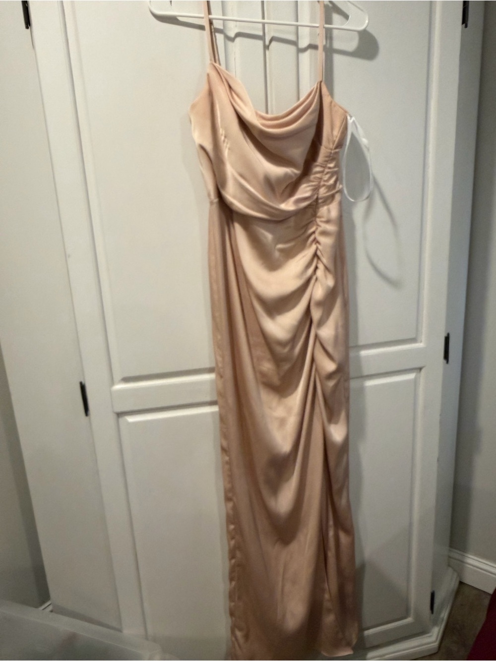 Azazie Satin Cowl Neck Maxi Dress - Blush Nude